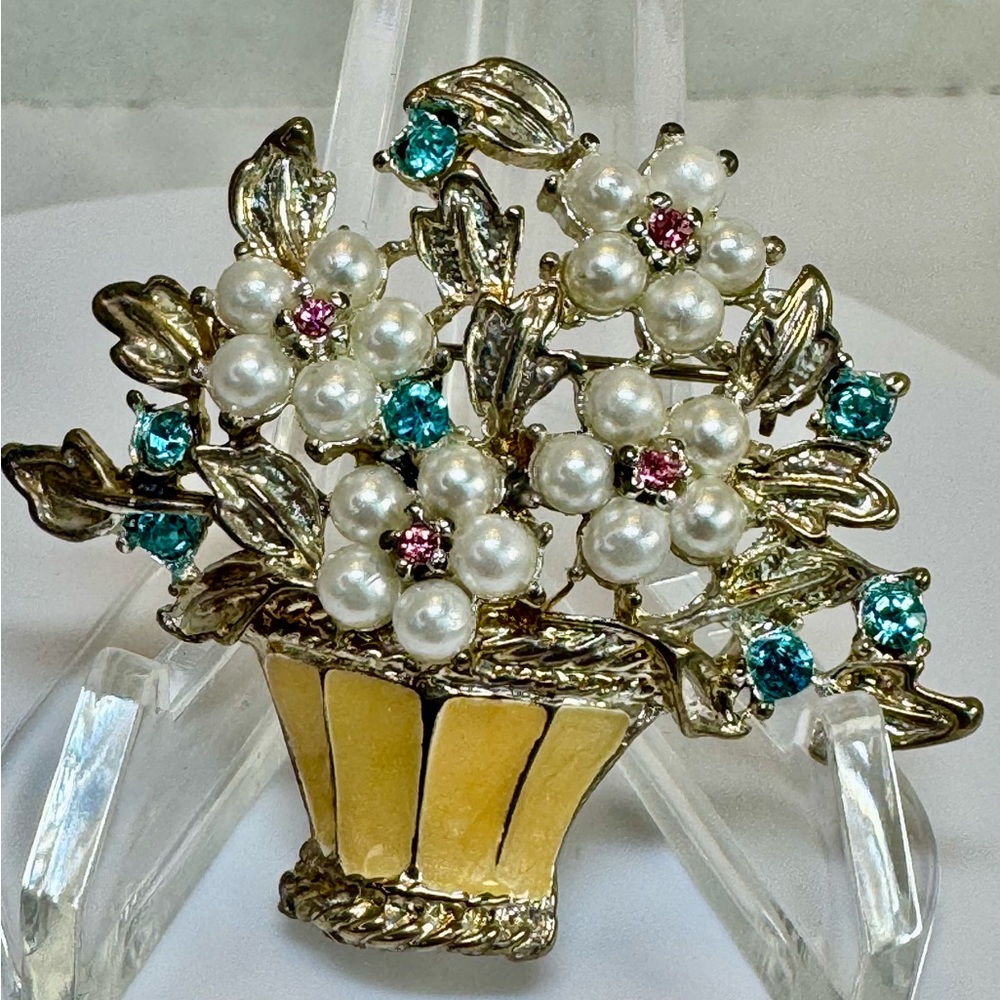 Flower Basket Brooch with Pearls and Teal Accents